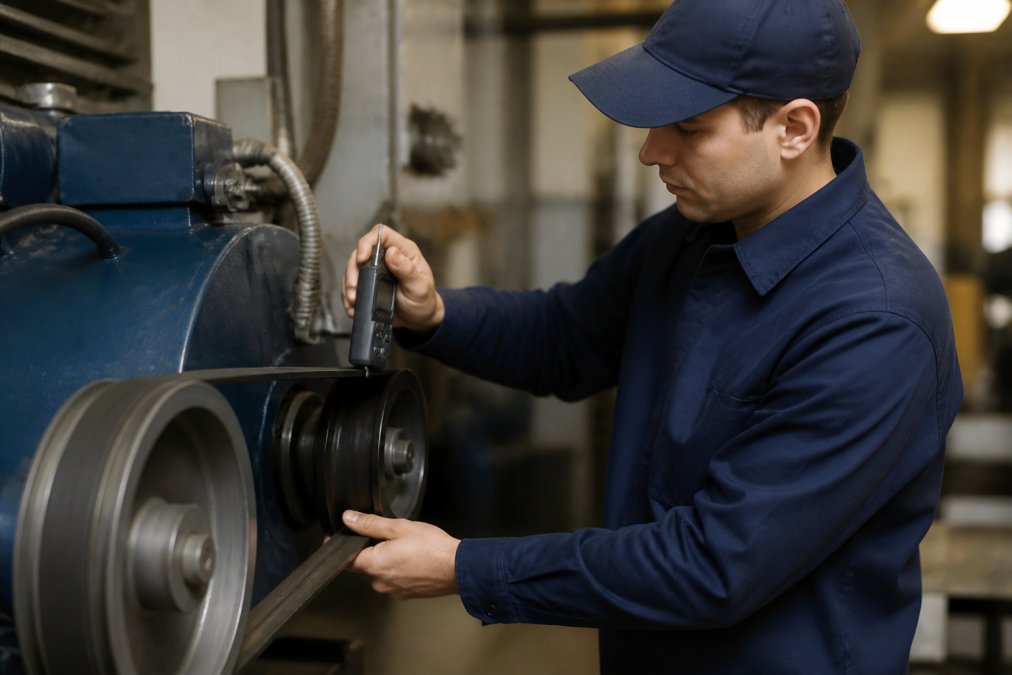 Technician using a digital gauge for precise v-belt tensioning on an industrial drive system in a workshop