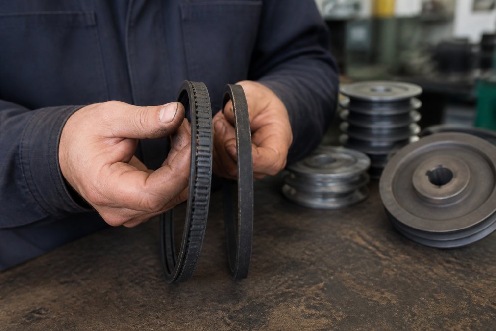 Close-up of a maintenance technician's hands holding a raw-edge cogged V-belt next to a standard wrapped V-belt on a workbench, with pulleys visible in the background of an industrial shop