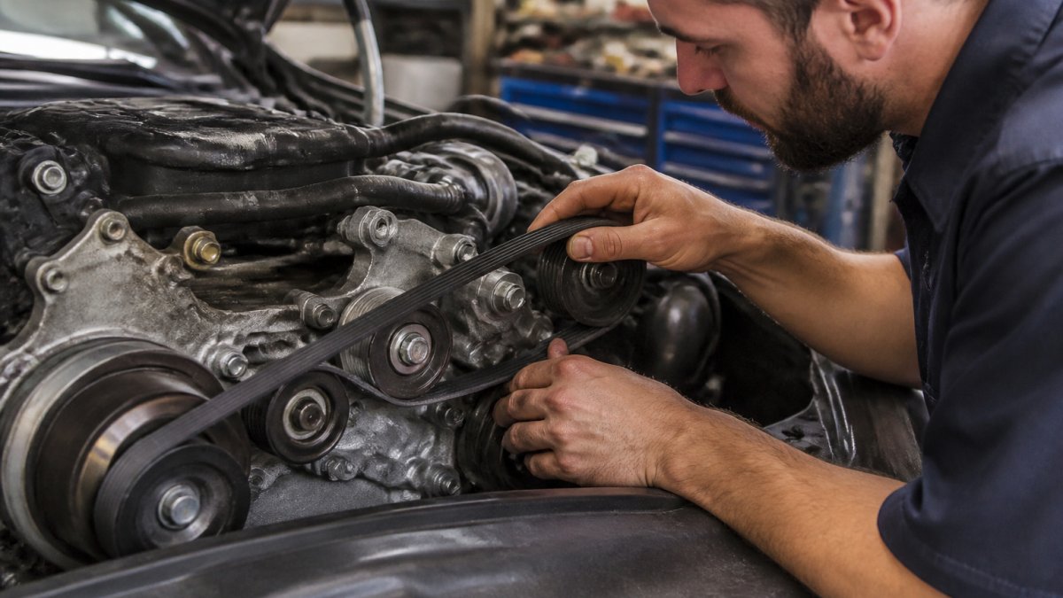 Mechanic inspecting belt grooves and pulleys to identify belt squealing differences during a routine engine check.