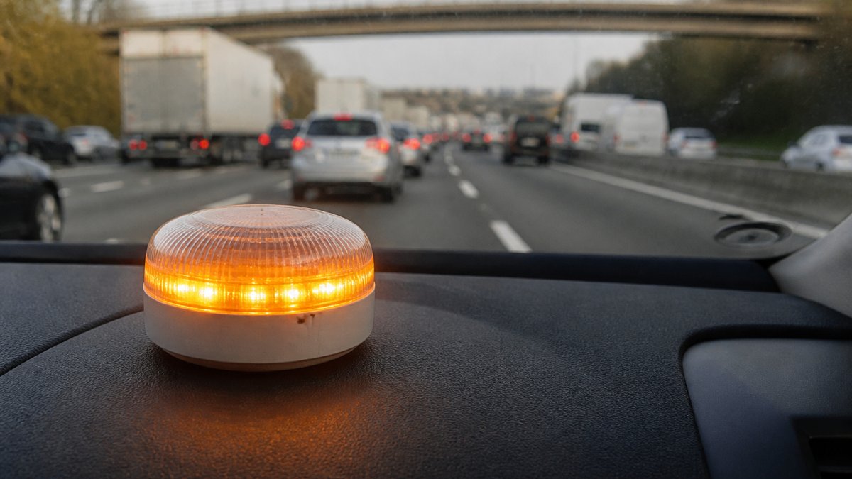 V16 Beacon Connectivity and Power: A Technical Guide V16 beacon flashing on a car dashboard during a drive to demonstrate V16 beacon connectivity power in traffic.