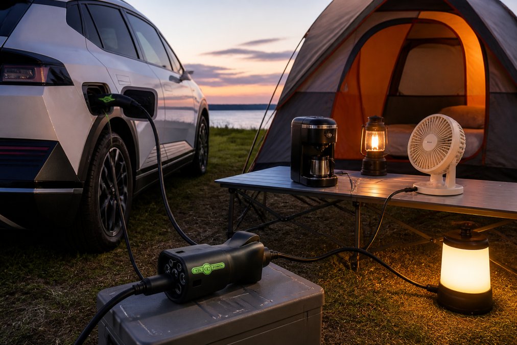 Un'auto elettrica moderna parcheggiata accanto a una tenda in un campeggio immerso nella natura, collegata a un adattatore V2L con alimentazione visibile per luci da campeggio, una piccola macchina del caffè e un ventilatore al tramonto.