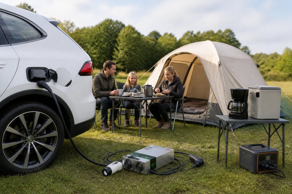 Scena kempingowa z samochodem elektrycznym podłączonym do sprzętu kempingowego za pomocą adaptera V2L, namiot w tle, ludzie korzystający ze sprzętu elektrycznego, światło naturalne