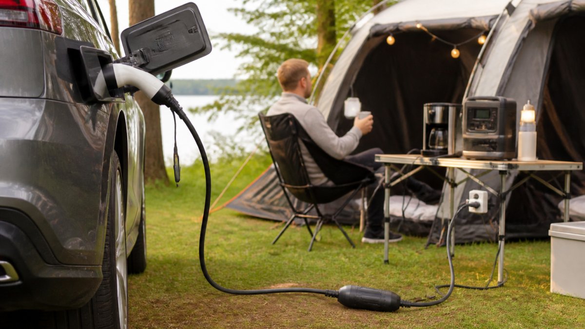 Elbil med åben Type 2-ladeport, hvor V2L-adapter er tilsluttet med Type 2-kabel, der fører strøm til eksterne apparater på en campingplads med telt og strømbehov