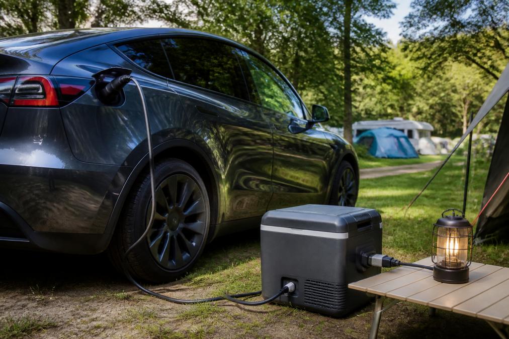 En Tesla Model Y parkeret på en campingplads med et kabel løbende fra bilens ladeport til en lille el-køleboks og en campinglampe, der lyser. Naturligt dagslys, grønne omgivelser, fokus på den praktiske opsætning.