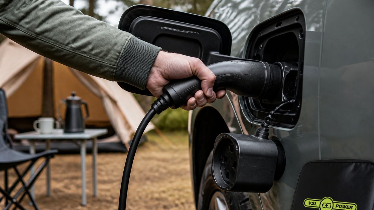 A close-up photo of a hand inserting a Type 2 V2L adapter into an electric car's charging port, with a Schuko socket visible on the adapter, parked at a campsite with outdoor gear in the background