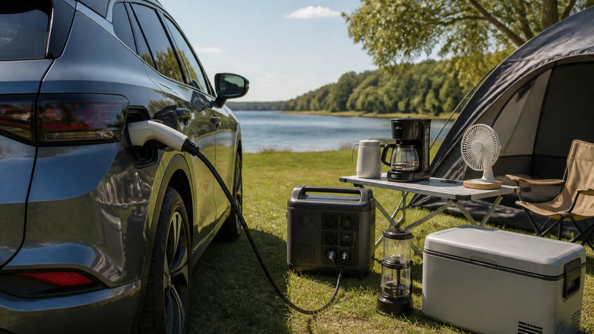 En elbil tilsluttet en V2L-adapter med et strømkabel, der fører strøm til campingudstyr og en bærbar strømstation i naturligt dagslys