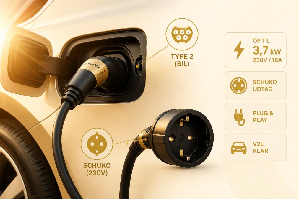 Nahaufnahme eines V2L-Adapters Typ 2 auf Schuko, angeschlossen an den Typ-2-Ladeanschluss eines Elektroautos; der Schuko-Stecker ist im Vordergrund sichtbar, die Karosserie scheint ins Sonnenlicht.