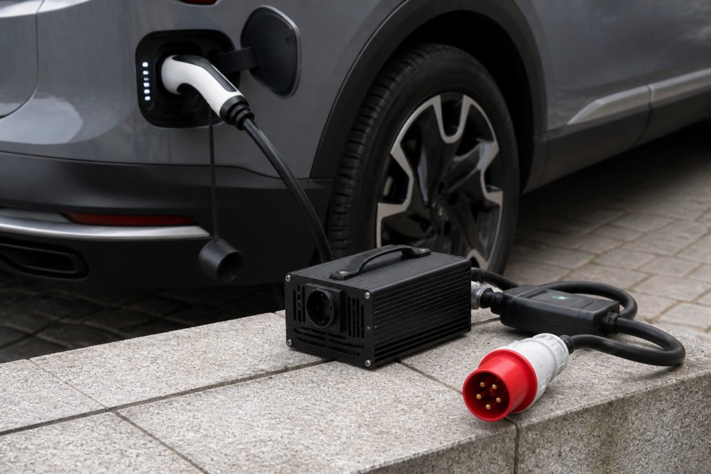 Close-up of Type 2 charging cable connected to vehicle's V2L port with professional converter equipment and safety adapter visible in foreground