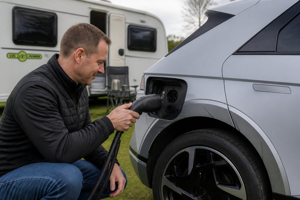 A person plugging a Type 2 V2L adapter into the charging port of a Hyundai Ioniq 5, parked outdoors with a camping trailer in the background, natural daylight