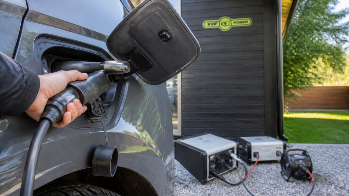 Close-up of V2L adapter being connected to electric vehicle Type 2 charging port with cables running to external converter equipment in outdoor setting with natural daylight