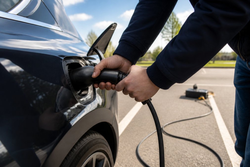 Otoparkta, doğal gün ışığında, iki elin koyu renkli bir elektrikli arabanın şarj portuna Tip 2 V2L adaptör kablosunu bağladığı ve arka planda bir uzatma kablosunun uzandığı yakın çekim görüntüsü.