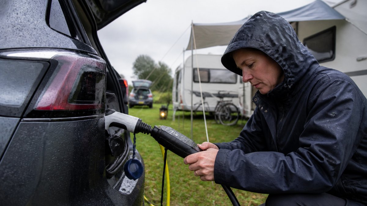 En elbil parkeret på en campingplads i let regnvejr, med et beskyttet udendørs stik og en V2L-adapter tilsluttet, mens en person i regntøj kontrollerer forbindelsen