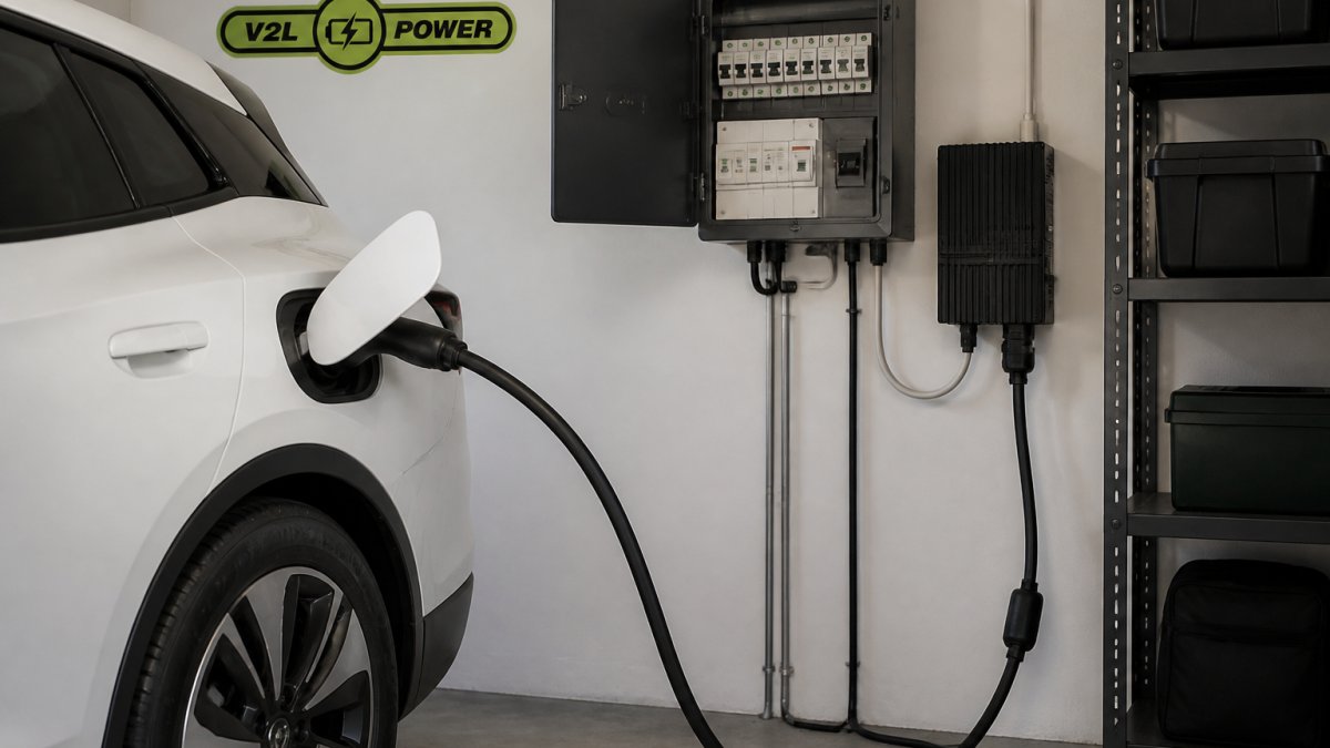 Elbil tilsluttet Type 2-kabel til husets sikkerhedsboks med V2L-omformer monteret sikkert indendørs i tørt, ventileret miljø med god afstand til vand