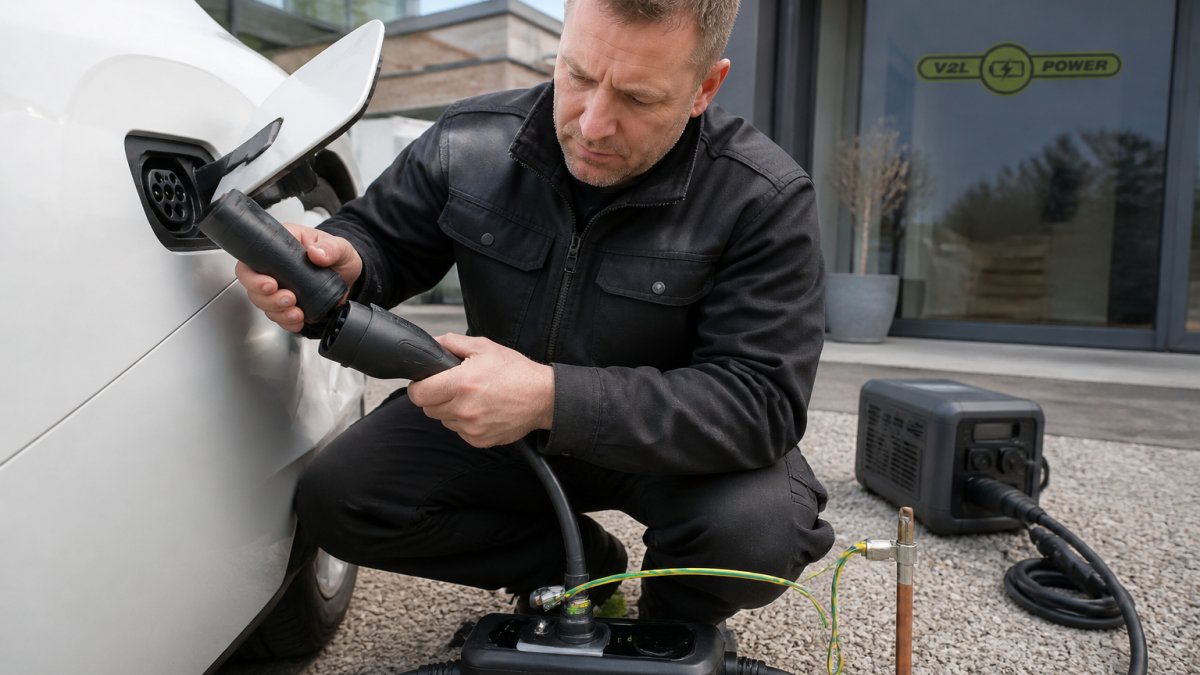 Person tilslutter sikkert et Type 2-adapterkabel til en bils ladestik foran en moderne villa i dagslys