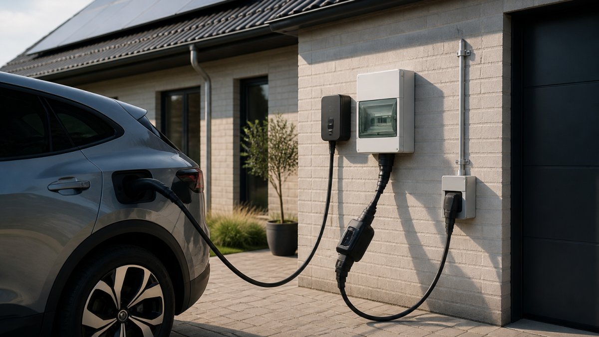 Elbil parkeret foran et hus med solceller på taget, med Type 2-kabler og adapter synligt forbundet fra bilens ladeport til en vægindbygning og elnet