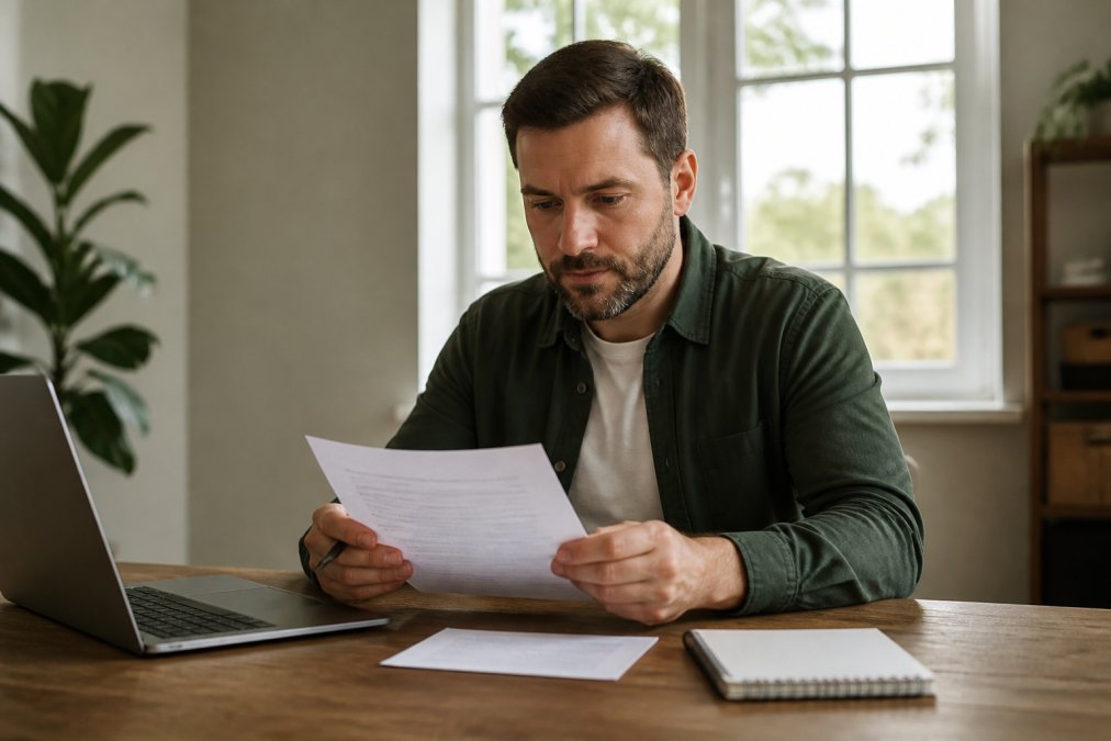 A veteran in business casual attire reviewing loan documents at a desk with a laptop and notepad, warm natural office lighting coming through a window behind them