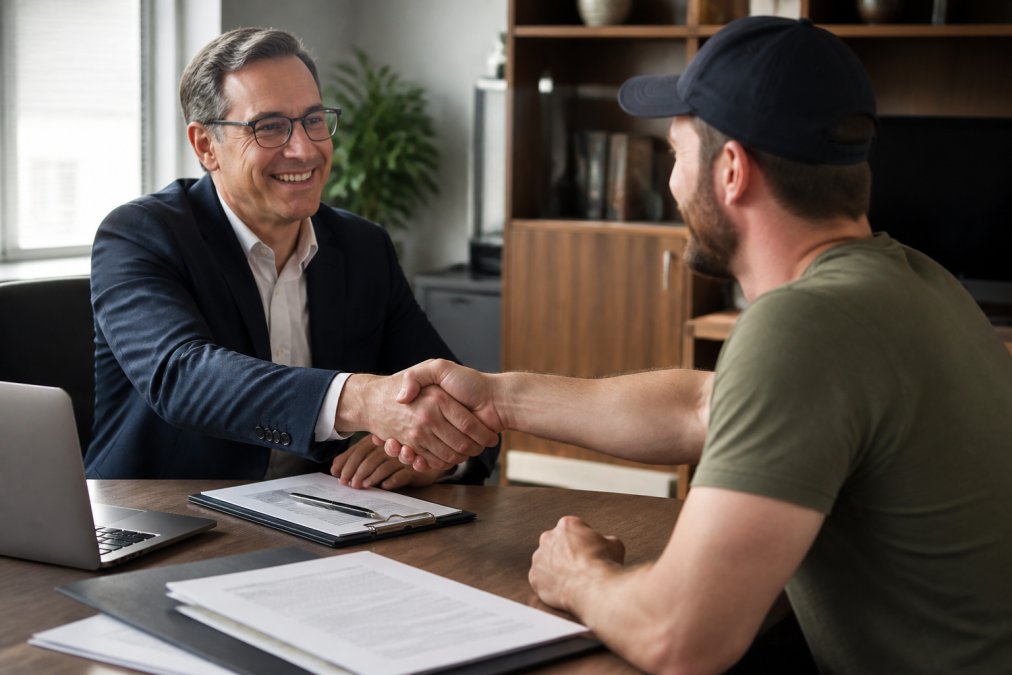 A financial advisor and veteran small business owner shaking hands across a desk with paperwork and a laptop visible, professional office setting with soft overhead lighting