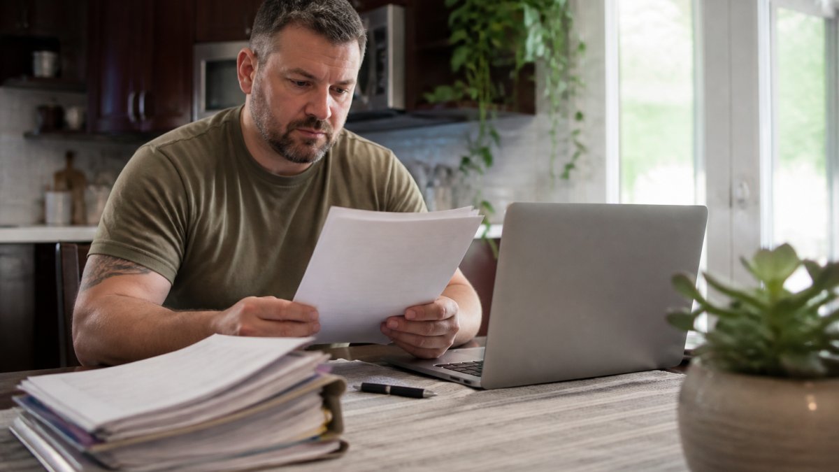 Infographic flowchart illustrating the step-by-step process for filing VA disability claims at a home workspace.