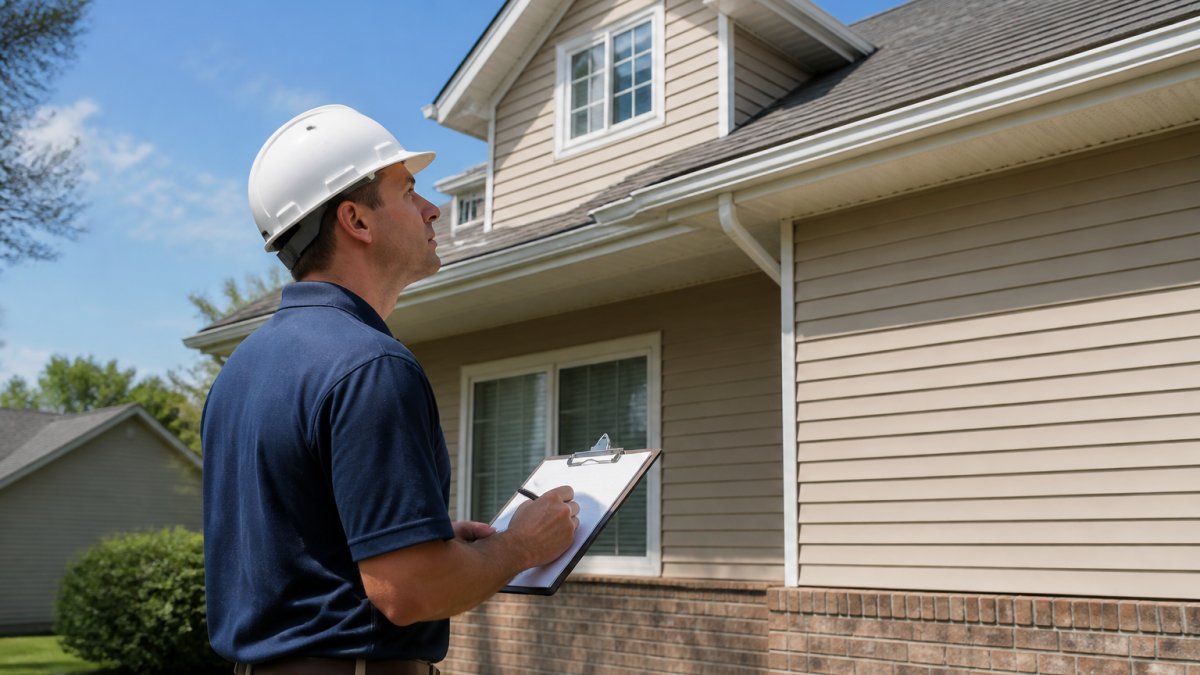 VA appraiser in professional attire examining residential property exterior, using clipboard to document roof condition, siding, foundation, and overall structural elements in natural daylight