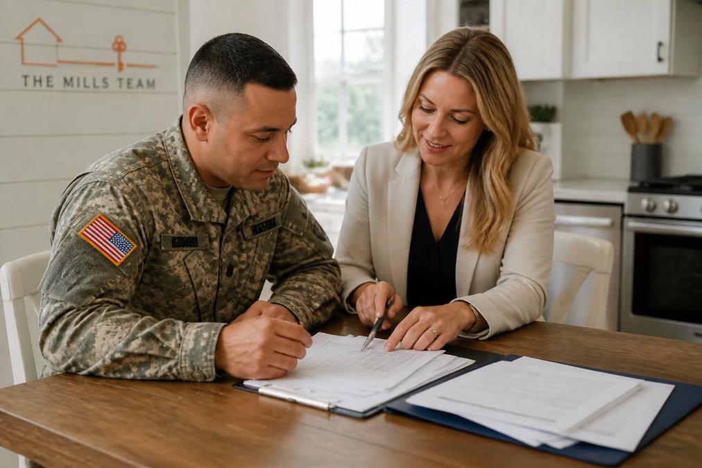 A veteran and their real estate agent reviewing a closing checklist and paperwork at a kitchen table in a bright home office, with a laptop and folder of documents nearby