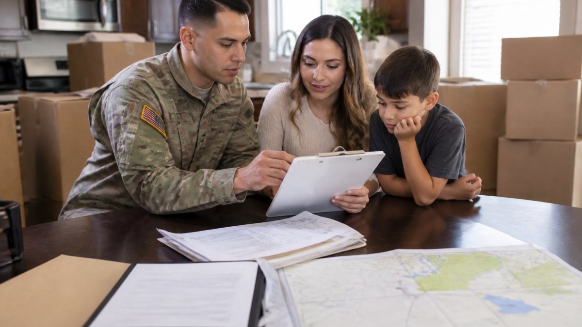 Infographic timeline for VA loan eligibility for active duty during a PCS move with relocation checklists
