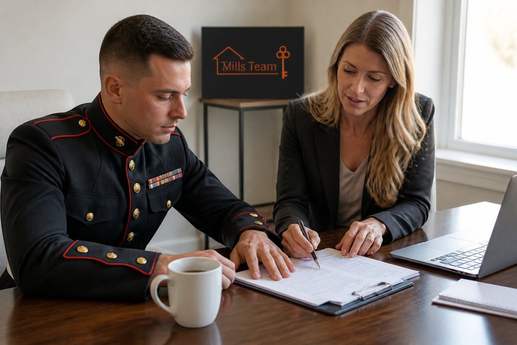 Military service member in dress uniform reviewing loan documents with a real estate agent at a wooden desk with laptop, coffee, and paperwork in natural office lighting