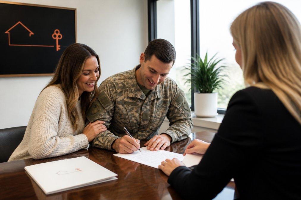 Young military couple smiling while signing mortgage paperwork at a closing table with a professional loan officer in a bright, modern office setting