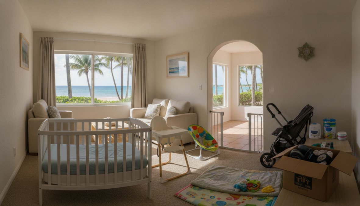 A smiling parent unboxing and arranging a neatly folded Pack 'n Play, a compact stroller, and a high chair in a bright, airy vacation rental living room with large windows and warm morning light