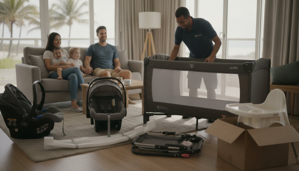 A friendly delivery professional carefully assembling a white wooden crib in a sunlit beachfront vacation home bedroom, with a smiling couple watching from the doorway and ocean visible through the window behind them