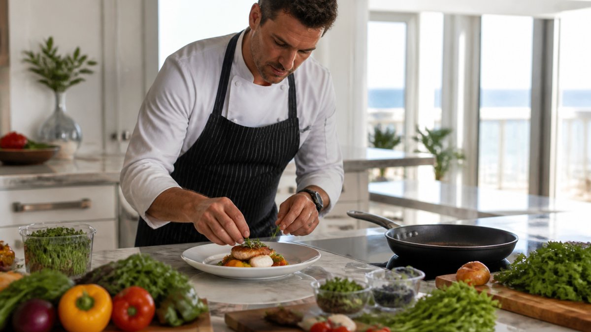 Professional chef plating restaurant-quality meal in a vacation rental kitchen with fresh ingredients and professional cookware visible on marble counter, natural afternoon light streaming through windows