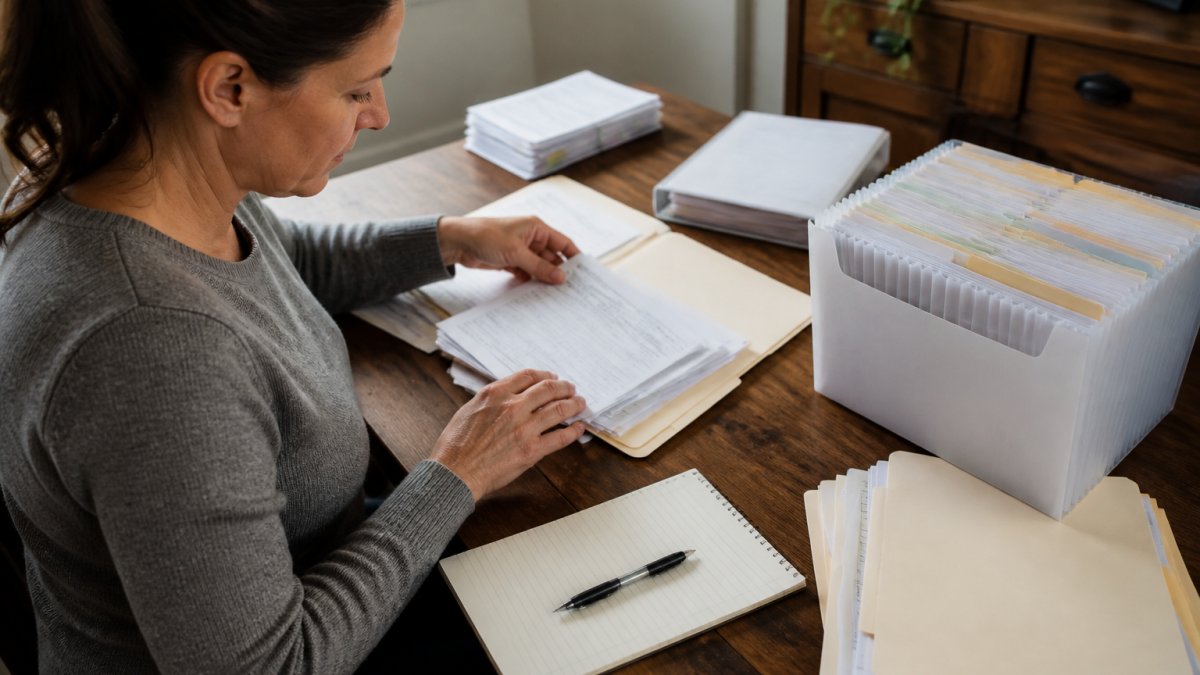 Person at a desk organizing medical documents and records in folders, with a notebook and pen for note-taking