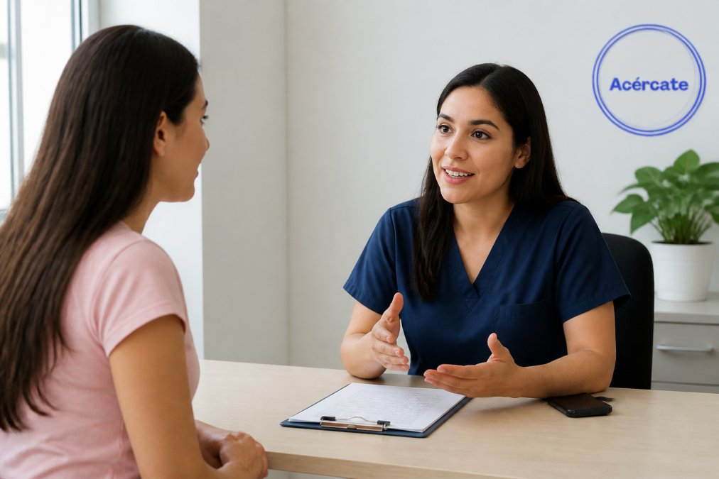 Profesional de la salud explica la vacuna VPH si ya tengo el virus a una paciente en una consulta médica moderna y cercana