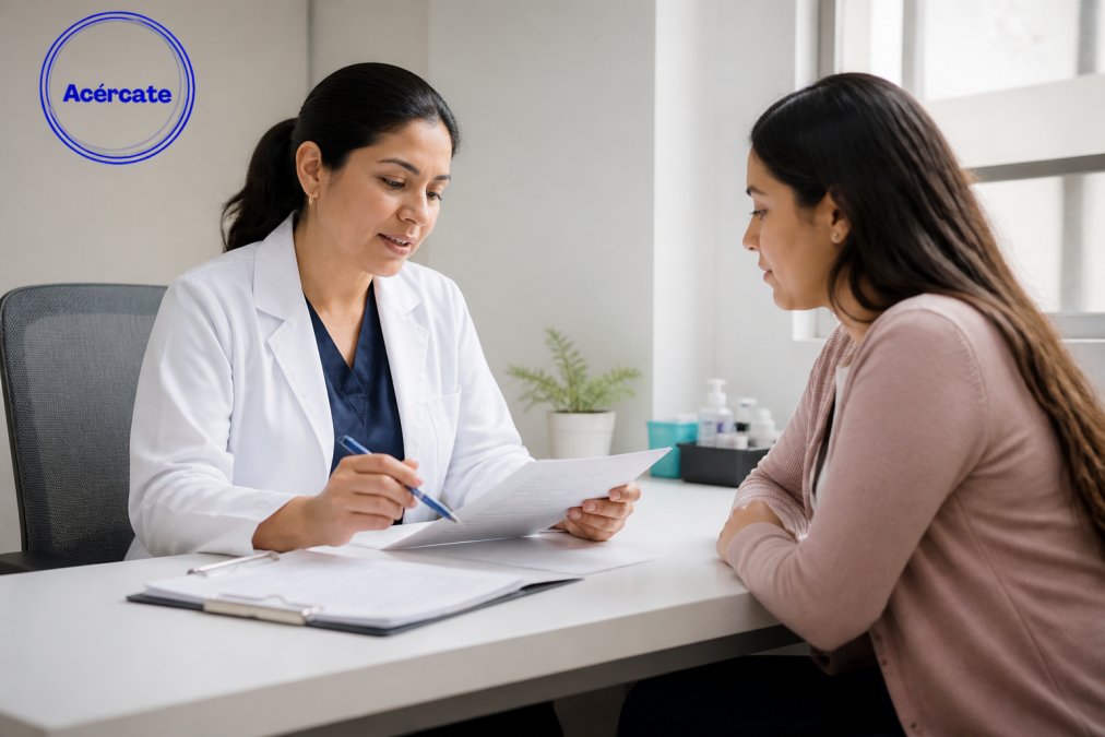 Médico revisando resultados y la vacuna VPH si ya tengo con una paciente en una consulta clínica privada y profesional.