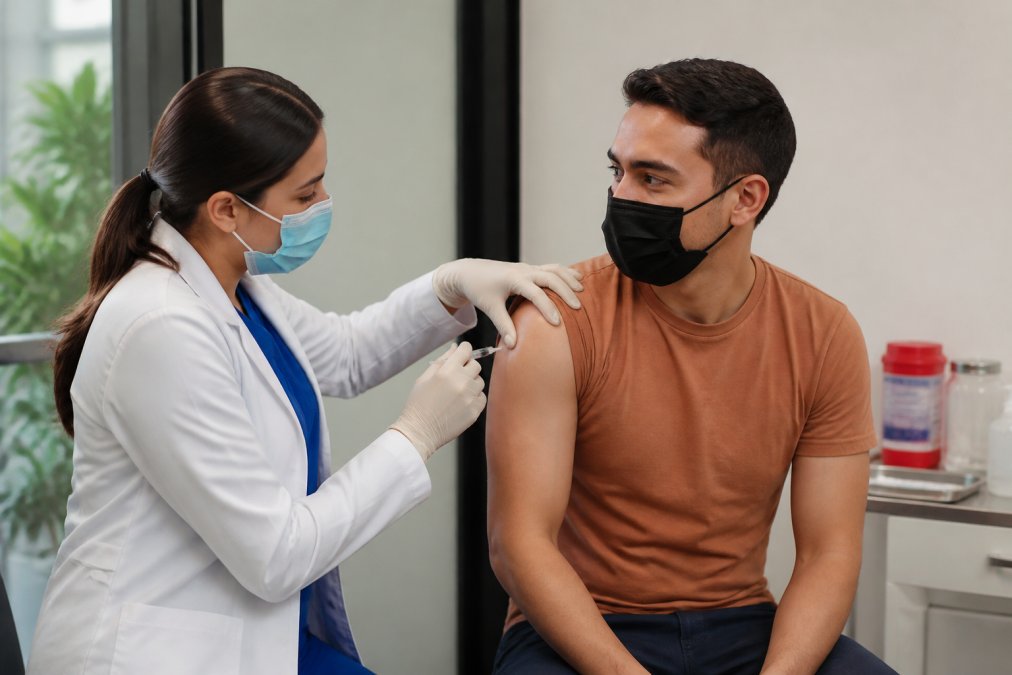 Profesional de salud aplicando vacunas para adultos salud sexual en un ambiente de confianza dentro de una clínica moderna
