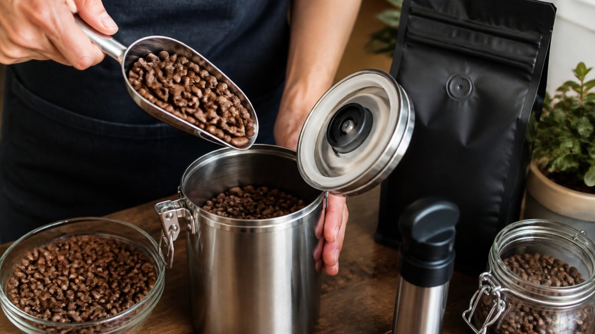 Close-up of fresh roasted coffee beans being carefully placed into a stainless steel vacuum canister with a visible one-way valve mechanism, hands demonstrating proper loading technique