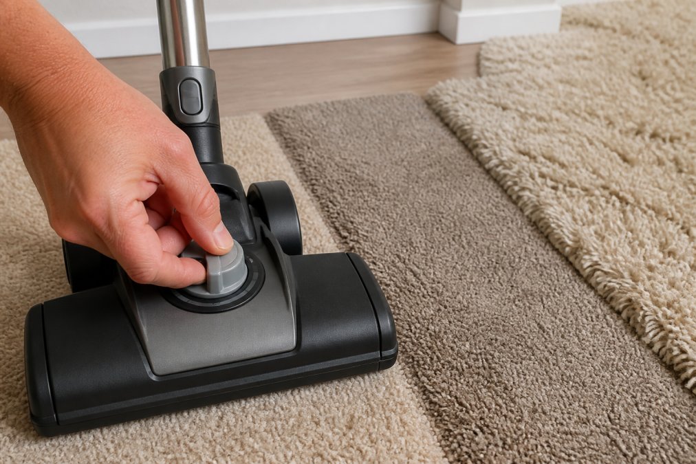 Close-up of a hand adjusting a vacuum cleaner's height dial with different carpet pile heights visible in the background, showing the distinction between low, medium, and high pile settings in natural light