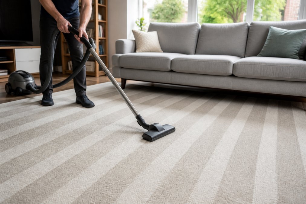 Person performing overlapping vacuum passes on a freshly cleaned carpet in a living room, demonstrating proper slow technique with visible pass lines in the pile, natural daylight from windows