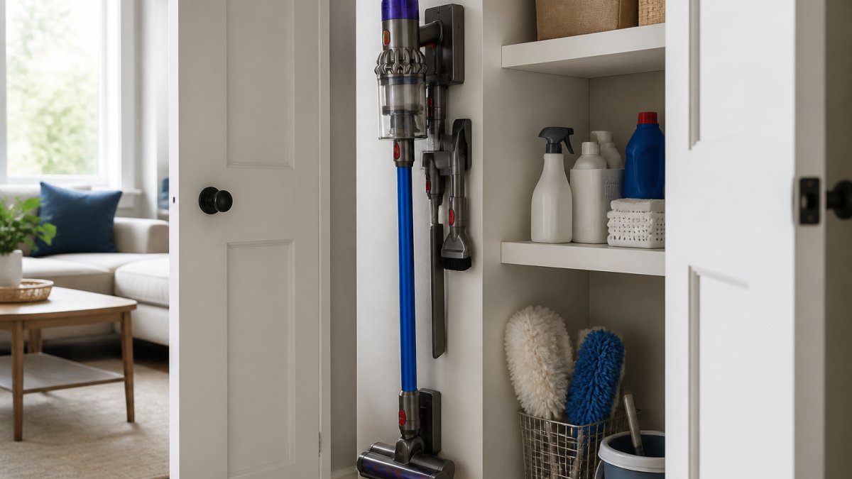 Compact apartment closet showing a cordless vacuum stored vertically on a wall-mounted rack next to cleaning supplies, with natural light highlighting the organized space-saving setup