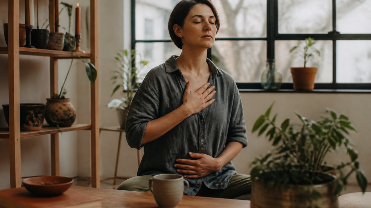 Person sitting comfortably indoors with eyes closed, hand on chest, practicing slow intentional breathing in a calm space with natural light filtering through windows