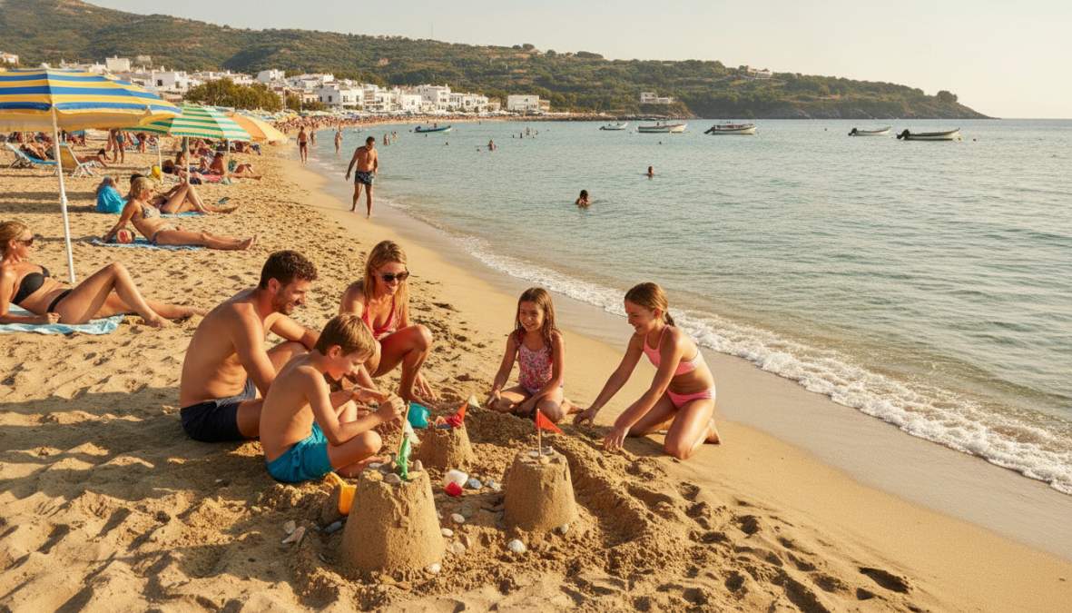 Een gezin met twee jonge kinderen die lachen en zandkastelen bouwen op een breed zonnig strand met kleurrijke parasols en rustige golven op de achtergrond
