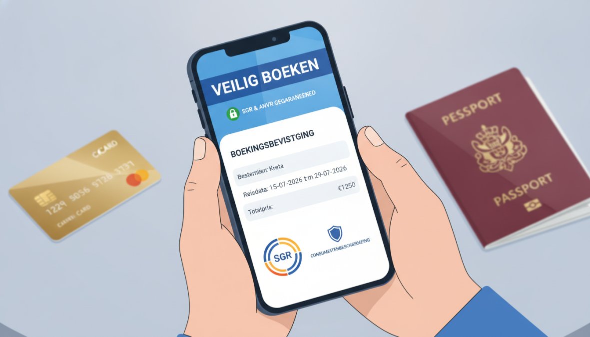Close-up of hands holding a smartphone displaying a secure travel booking confirmation screen, with a credit card and passport visible on the table in the background