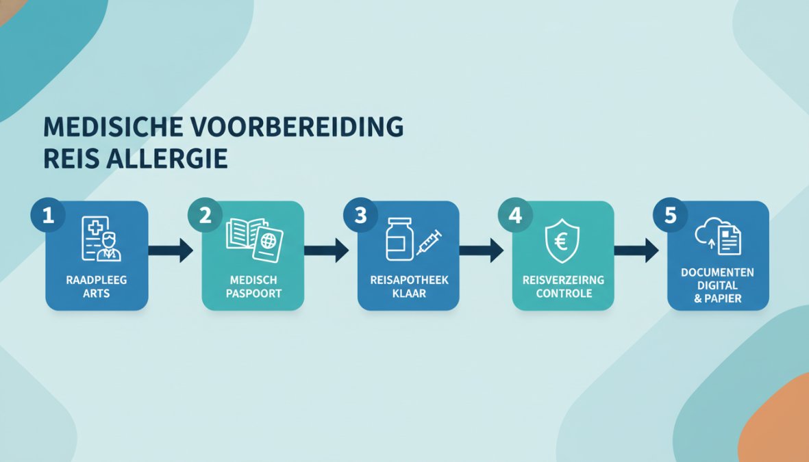 Flowchart met 5 stappen voor medische reisvoorbereiding bij allergie: stap 1 Raadpleeg arts, stap 2 Stel medisch paspoort op, stap 3 Maak reisapotheek klaar, stap 4 Controleer reisverzekering, stap 5 Bewaar documenten digitaal en op papier