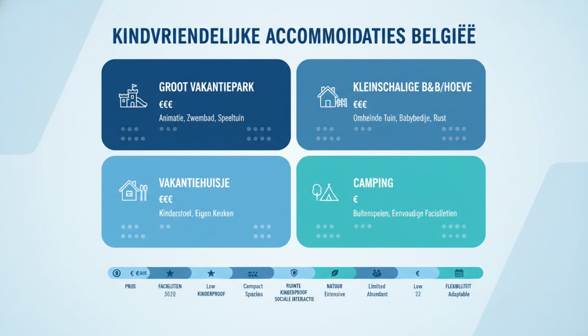 Vergelijkingsmatrix van 4 accommodatietypes: groot vakantiepark (€€€, animatie, zwembad, speeltuin), kleinschalige B&B/hoeve (€€, omheinde tuin, babybedje, rust), vakantiehuisje (€€, kinderstoel, eigen keuken), camping (€, buitenspelen, eenvoudige faciliteiten) afgezet tegen 7 criteria