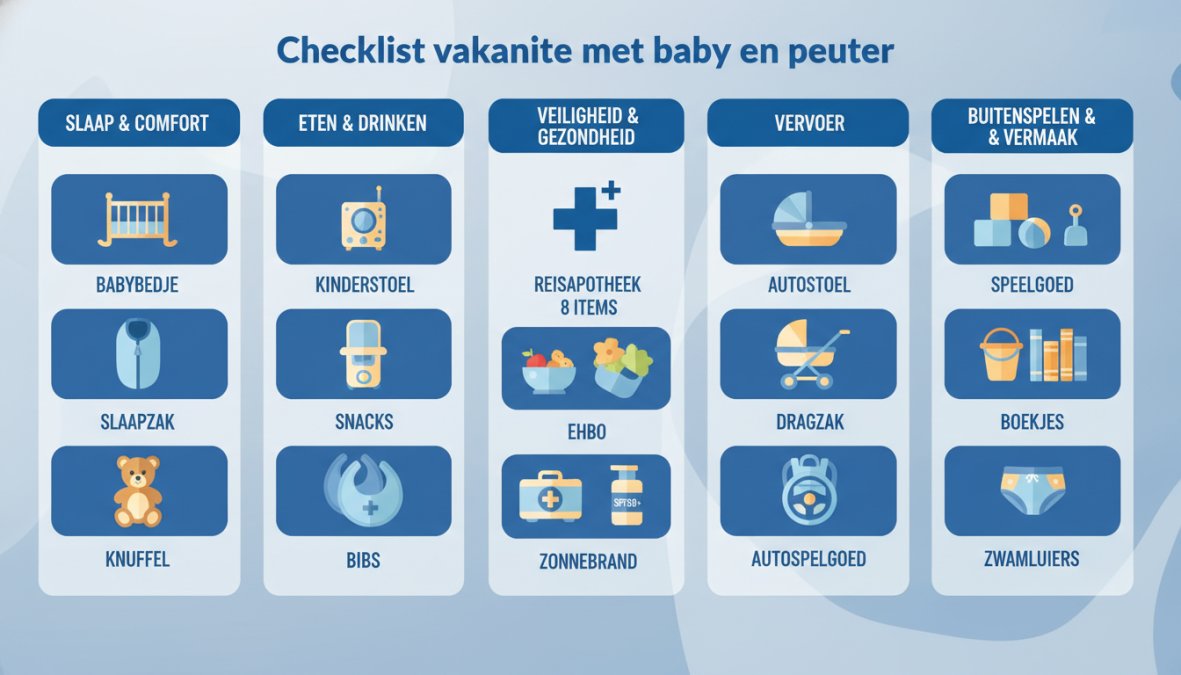 Visuele checklist ingedeeld in 5 categorieën: Slaap & comfort (babybedje, babyfoon, slaapzak, knuffel), Eten & drinken (kinderstoel, flessenwarmer, snacks, bibs), Veiligheid & gezondheid (reisapotheek met 8 items, EHBO, zonnebrand SPF50+), Vervoer (autostoel, buggy, draagzak, autospeelgoed), Buitenspelen & vermaak (speelgoed, zandvormpjes, boekjes, zwemluiers)