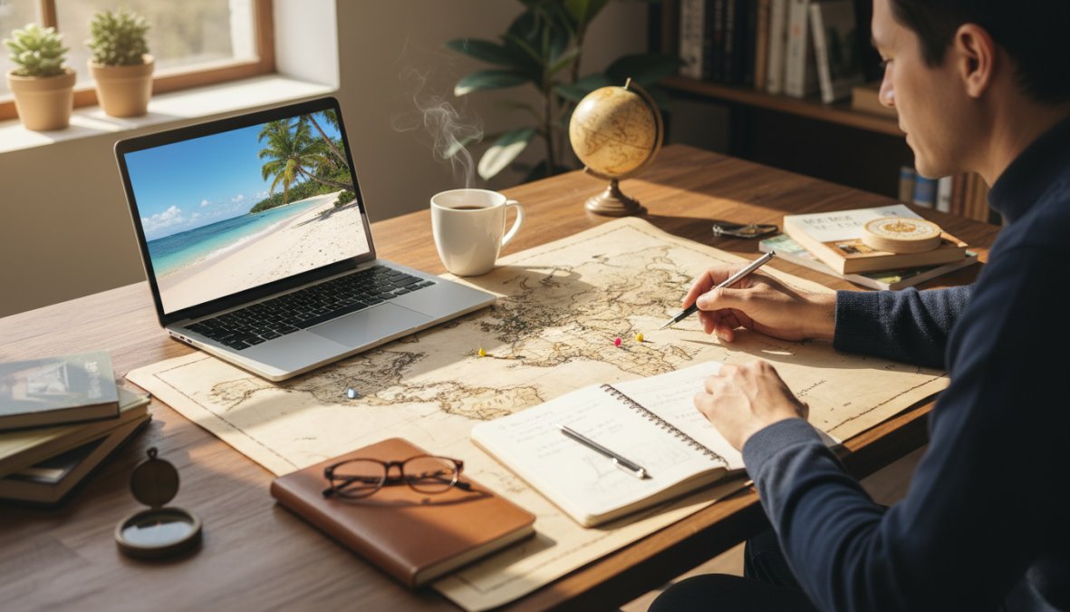 Infographic die vakantie plannen in drie stappen visualiseert met een persoon die aan een bureau een wereldkaart bestudeert.