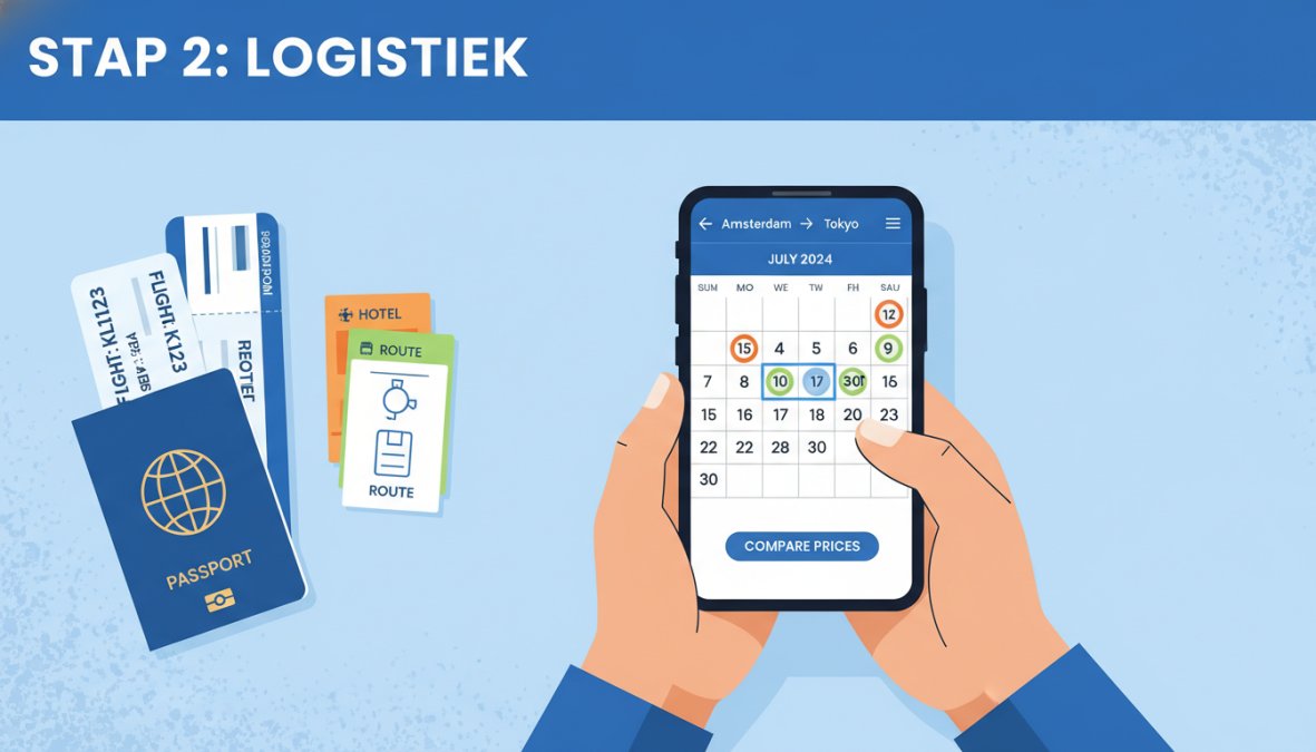 Infographic voor vakantie plannen in drie stappen: smartphone toont vluchtprijzen, paspoort en reisdocumenten op tafel.