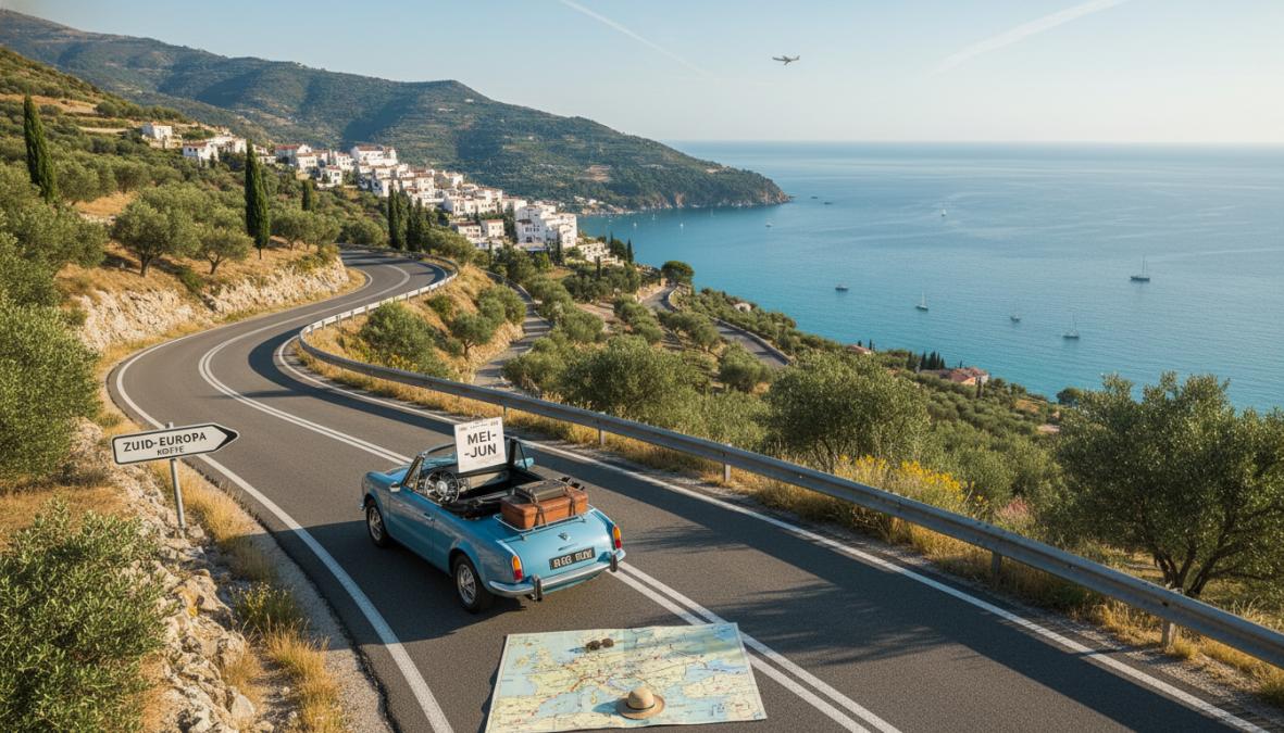 Een stel staat naast een huurauto op een schilderachtige kustweg in Zuid-Europa, met bergen en een blauwe zee op de achtergrond, de kofferbak is open en er staan koffers naast de auto