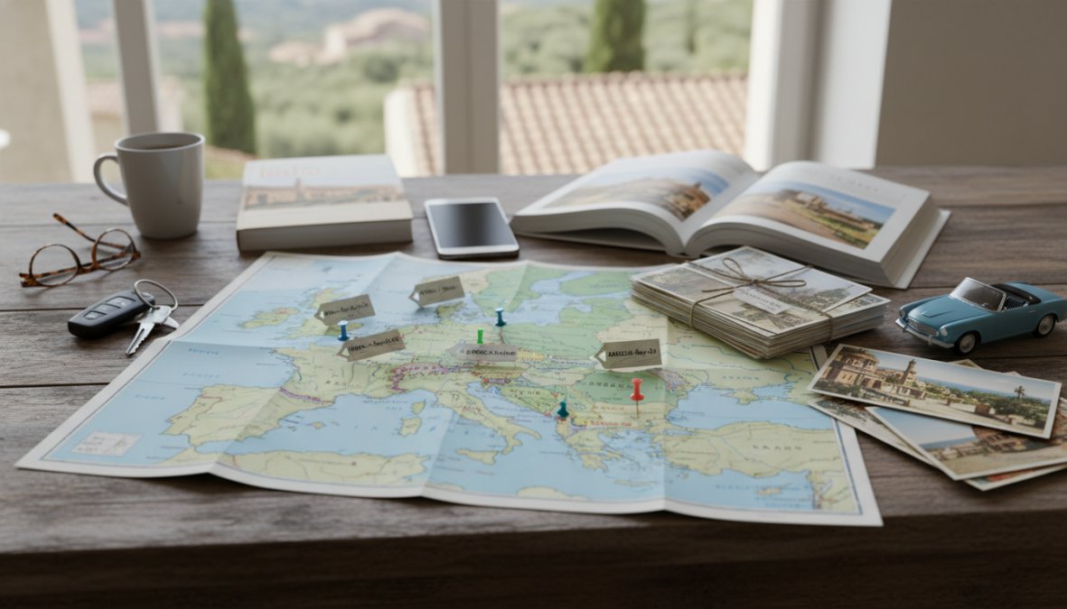 Een reiziger zit aan een houten bureau met een open laptop waarop een reisboekingswebsite te zien is, een paspoort, een miniatuur huurauto en een instapkaart liggen naast het toetsenbord, in een lichte en ruime thuisomgeving