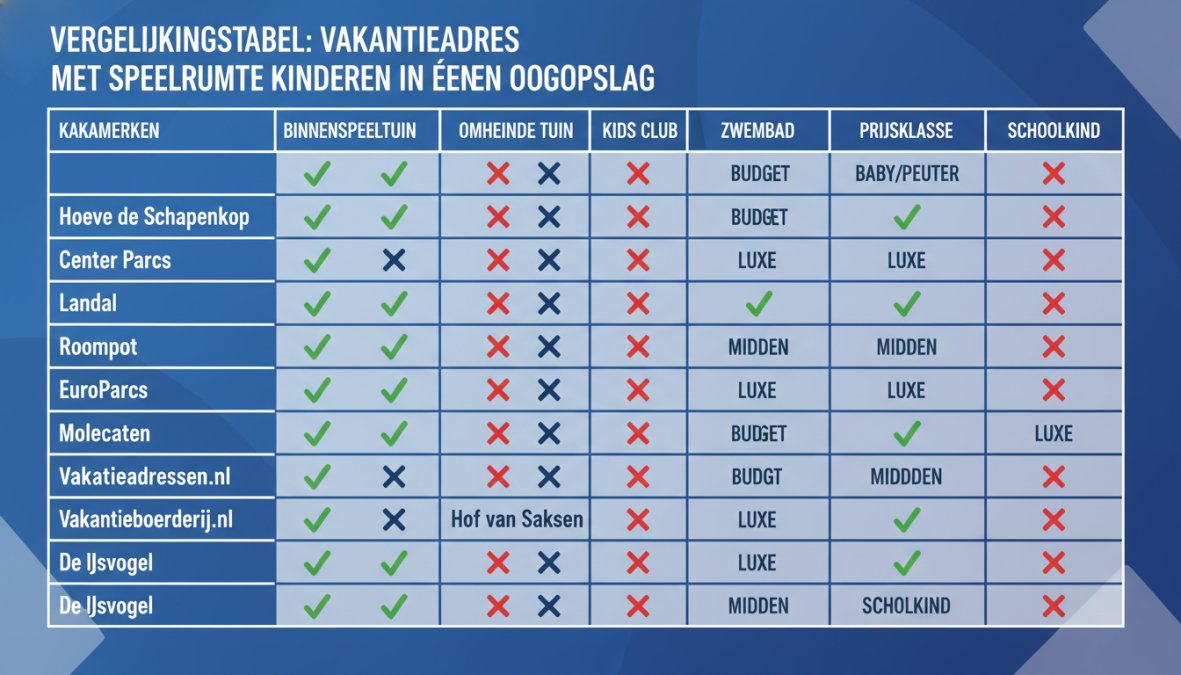 Feature comparison matrix showing 10 vakantieadressen (rows: Hoeve de Schapenkop, Center Parcs, Landal, Roompot, EuroParcs, Molecaten, Hof van Saksen, Vakantieadressen.nl, Vakantieboerderij.nl, De IJsvogel) vs. 7 kenmerken (columns: binnenspeeltuin, omheinde tuin, kids club, zwembad, prijsklasse budget/midden/luxe, geschikt voor baby/peuter, geschikt voor schoolkind) met vinkjes en kruisjes per cel
