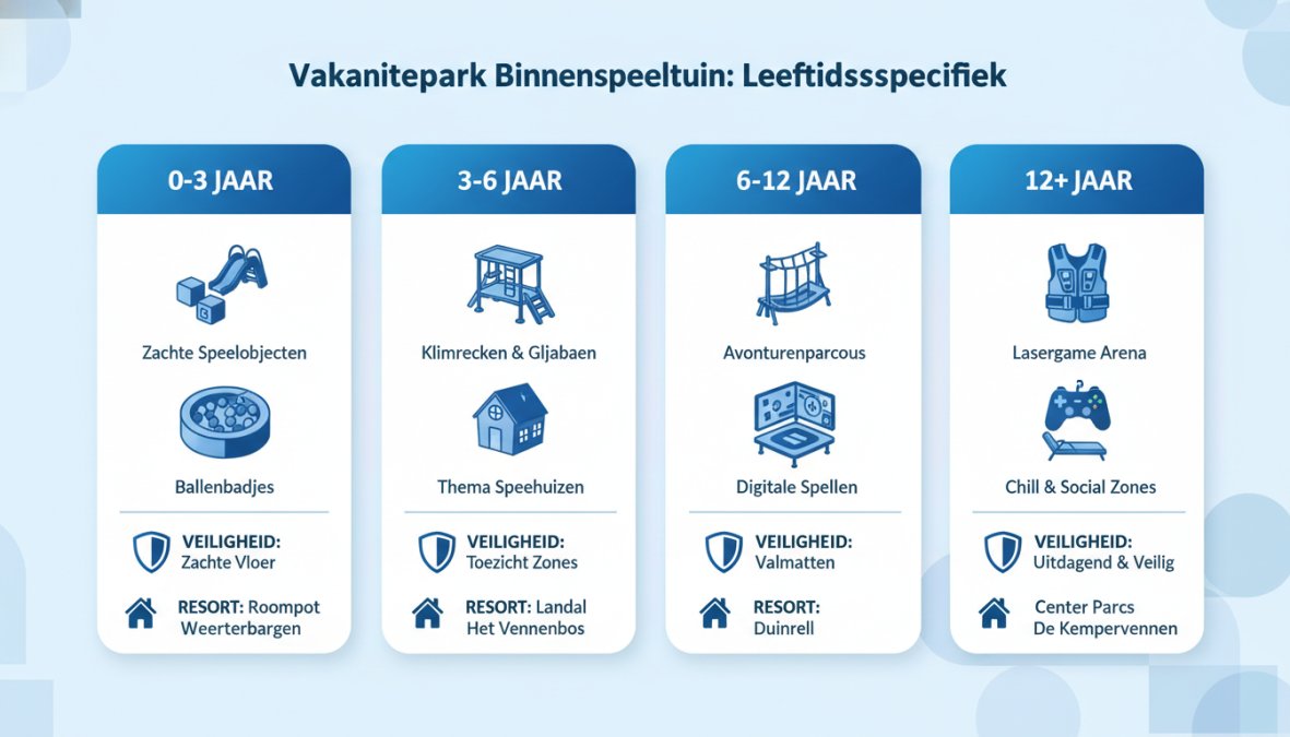 Visueel schema met vier leeftijdskolommen (0-3 jaar, 3-6 jaar, 6-12 jaar, 12+ jaar) en per kolom de drie belangrijkste speelcriteria, een veiligheidsnorm en een aanbevolen vakantieadres uit de vergelijking